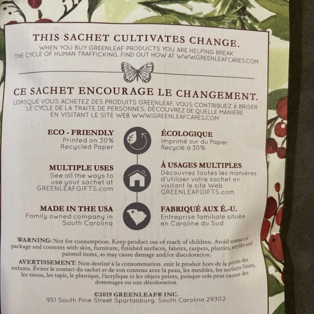 New Greenleaf Shimmering Snowberry Scented Sachets 7.0 Cu. In. 115ml
